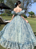 Nukty Blue Printed Beach Skirt For Women's Dresses Summer New Organza Design With Ruffled Edges Seaside Vacation Long Skirt  Dress New