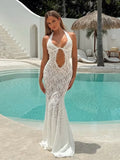 Nukty Women Hollow Out Lace Backless Slim Long Dress Fashion Off Shoulder Halter Dresses Chic New Sexy Female Party Club Robes