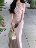 Nukty Elegant French Chic Satin Women's Dresses Solid Pleated Slim Wasit Inclined Shoulder Mermaid Dress 2025 New Summer Evening Party