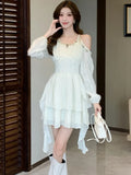 Nukty Elegant Princess Mini Dress for Women Sequin Off Shoulder Ruffle Long Sleeve A-Line Vestidos Vintage Korean Female Short Dresses