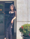 Nukty Women Sexy Sequin Strap Dresses Spring Summer Elegant Vintage Party Club Dress Korean Fashion One Piece Clothes