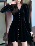 Nukty Elegant Solid Velvet Dresses for Women V-neck Long Sleeve A-line French Mini Dress Party Evening Autumn Casual Vestidos Mujer