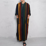 Nukty Men's Muslim Long Sleeve Cotton Striped Robes Islamic Arabian Kaftan Suit Middle East Dubai Abaya Retro Spring Clothing 2025 New