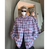 Nukty Men Shirt Plaid Tie-dye Long Sleeve Mens Casual Loose Shirt Autumn High Quality Oversized Male Checked Shirt Red/Blue/Gray