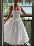 Nukty Elegant Solid High Waist Pleated A-line Dress Women Sexy Backless Sleeveless Slim Halter Dresses New Street Party Vestidos