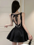 Nukty Sweet Black Backless Mini Dress French Sexy Chic Sleeveless Evening Party Dresses High Waist Pleated A-Line Short Vestidos Gown