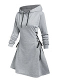 Nukty Casual Women Long Sleeve Autumn Dress Drawstring Lace Up Mini Hoodie Dress Vestidos Femme Gothic Fashion Dress Streetwear
