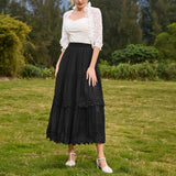 Nukty Women Renaissance Skirts Lace Hem Tiered Skirt Elastic Waist A-Line Maxi Skirt Club Party Vintage Steampunk Casual Skirt