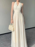 Nukty Elegant Backless Sexy Club Pleated Vest Long Dresses Women Black High Waist Beige V Nec Vacation Slim Party Evening Dress Summer