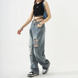 Nukty Women's Trendy Straight Jeans with Ripped Knees Women's Fashionable and Comfortable High Waist Casual Jeans Loose Wide Leg Pants