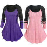 Nukty Autumn Winter Women's Casual Tops Plus Size Colorblock Cable Knit Panel Lace Up Tee,Long Sleeves Casual Shirts 4XL