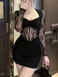 Nukty Sexy Splicing Lace Fishbone Dresses Women Elegant Patchwork Evening Party Dress Fashion Temperament Female Black Vestido Mujer