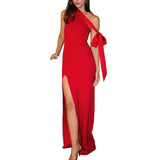 Nukty New Long Dress Temperament Slant Neck Party Bag Hip Skirt Split Design Dress for Women