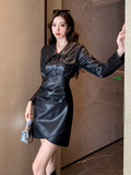 Nukty Spring Fall Women High Waisted Black Pu Leather Irrgular Dress , Woman Slim Above Knee Length Pleated Dresses