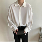 Nukty Long sleeve shirt men Double Collar Ice Silk Shirt Men Vintage Wine Red Shirts Men Korean Comfortable Blouse Casual Loose Shirt