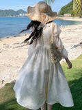 Nukty Autumn Elegant Jacquard Fairy Dress Vintage Court Style Lantern Sleeve Princess Party White Dresses Korean Bandage Vestidos New