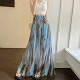 Nukty Boho Vintage Long Skirts for Women Tie Dye Printed A-line Female Elegant Skirt Ladies Holiday Mid-length Maxi Skirt