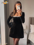 Nukty Women's Elegant Patchwork A-line Dress Fashion Square Neck Long Sleeve Party Dress New Lady Luxury Evening Mini Dress