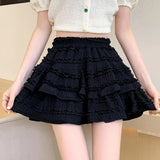 Nukty Sweet Cute Lace Mini Skirt Women Kawaii White Ruffles Pleated Skirts Summer Korean High Waist Black Casual A Line Skirt