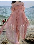 Mesh Strap Long Dress Women Elegant Pink Slash Neck Backless Ruffles Ladies Casual Beach Sexy Dresses
