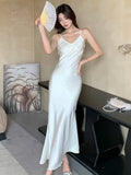 Nukty Elegant Satin Mermaid Dresses for Women V-Neck Long Sleeves Spaghetti Strap Evening Party Dress Prom Robe One Piece Vestidos New