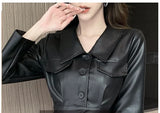 Nukty Spring Fall Women High Waisted Black Pu Leather Irrgular Dress , Woman Slim Above Knee Length Pleated Dresses