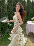 Nukty Summer Floral Chiffon Midi-dresses Women Sleeveless Spaghetti Strap Backless Ruffle Dress Elegant Casual Party Ladies Dresses