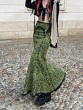 Nukty Vintage Fashion Elegant Green Trumpet Long Skirt Graphic Printed Lace Trim Y2K High Waist Skirt Women 2000s Aesthetic