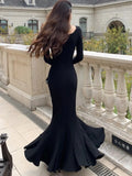 Nukty Autumn Sexy Black Mermaid Party Dress for Women Square Collar Long Sleeve Slim Bodycon Vestidos Elegant Streetwear Long Robe