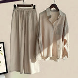 Nukty 2 Pcs/Set Fabulous Women Blouse Trousers Set Turn-down Collar Women Tops Pants Suit Drawstring Two Pieces
