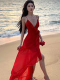 Nukty Sexy Spaghetti Strap Womens Dresses Elegant Backless V-neck Ruffles Evening Party Long Dress Beach Casual Robe Female Outfits