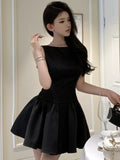 Nukty Sweet Black Backless Mini Dress French Sexy Chic Sleeveless Evening Party Dresses High Waist Pleated A-Line Short Vestidos Gown