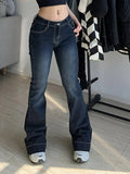 Nukty  Y2K High Street Low Rise Jeans Blue Women Pants Bootcut  Pockets Jeans Streetwear Low Waist Jeans Wide Leg Pants