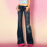 Nukty  Y2K Low Rise Flare Jeans for Woman Streetwear Aesthetic Print Jean Pants Vintage Washed Denim Trouser Grunge Fairycore