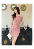 Nukty Elegant Solid Bodycon Evening Party Dresses Fashion Diagonal Collar Off Shoulder Prom Vestidos Summer Korean Female Clothing