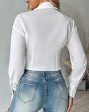 Nukty Woman Blouse Spring Fashion Eyelet Lace-Up Long Sleeve Buttoned Casual Turn-Down Collar Plain Daily Shirt Top