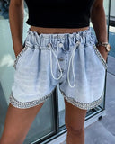 Nukty Summer Casual Bottom Rhinestone Pocket Design Denim High Waist Shorts Female Clothing Outfits