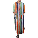 Nukty Men's Muslim Long Sleeve Cotton Striped Robes Islamic Arabian Kaftan Suit Middle East Dubai Abaya Retro Spring Clothing 2025 New
