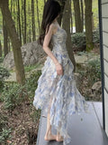 Nukty Sweet Ruffles Print Long Dresses Elegant Spaghetti Strap V-neck Princess Birthday Party Midi Dress Summer Fairy Chic Vestidos