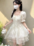 Nukty Sweet Princess Fairy Mini Dress for Women Korean Short Sleeves Ruffles Birthday Party Dresses Summer Chic Short Vestidos New