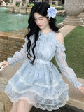 Nukty Sweet Off Shoulder Womens Dresses Elegant Bow Lace-up Long Sleeves Princess Ruffles Party Short Dress Spring A-line Vestidos New