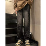 Nukty Men Stars Patchwork Jeans New Male Fashion Casual Straight Wide Leg Pants Hip Hop High Street Baggy Solid Color Denim Trousers
