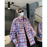 Nukty Men Shirt Plaid Tie-dye Long Sleeve Mens Casual Loose Shirt Autumn High Quality Oversized Male Checked Shirt Red/Blue/Gray