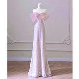 Nukty Exquisite Pink Beaded Sequins Wedding Dress Evening Party Gown with Detachable Tulle Train Birthday Dresses Vestidos De Noche