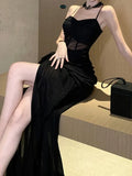 Nukty French Sexy Black Split Sleeveless Dresses Summer New Fashion Spaghetti Strap Slim Female Evening Party Club Dress