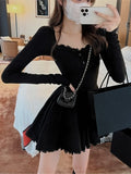 Nukty Y2K Knitted Dresses for Women Autumn Square Collar Long Sleeves Slim Birthday Party Mini Dress Female Pleated A-Line Vestidos