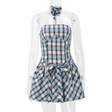 Nukty Elegant Off Shoulder Plaid Printing Women Mini Dresses Y2K Sleeveless Flowers Tank Dress Sweet Girls Slim fit Vestidos