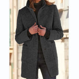 Nukty Women Vintage Solid Color Stand-up Collar Tweed Jacket Autumn Winter Warm Commuter Outerwear Single-breasted Cardigan Long Coat