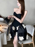 Nukty Spring Summer Elegant Chic French Strapless Women's Dresses Black Backless Slim Fit Wasit Spliced Ball Gown Dress Party