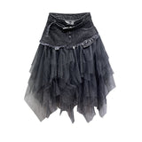 Nukty Summer Denim Jeans Skirt Women Y2K Irregular High Waisted Tulle Skirts Mesh Patchwork Pockets Pleated Mid-Calf Tutu High Street